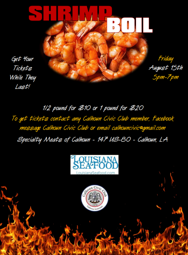 MyArkLaMiss's tweet card. Calhoun, La (KTVE/KARD) — The Calhoun Civic Club to host a community Shrimp Boil Fundraiser on Friday, August 15, from 5:00 PM to 7:00 PM at Specialty Meats of Calhoun, located at 147 US-80 in Calh…