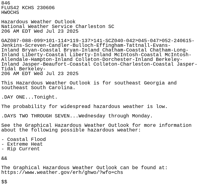 iembot_chs's tweet card. HWO issued by NWS CHS at 23 Jul 2025 06:06 UTC