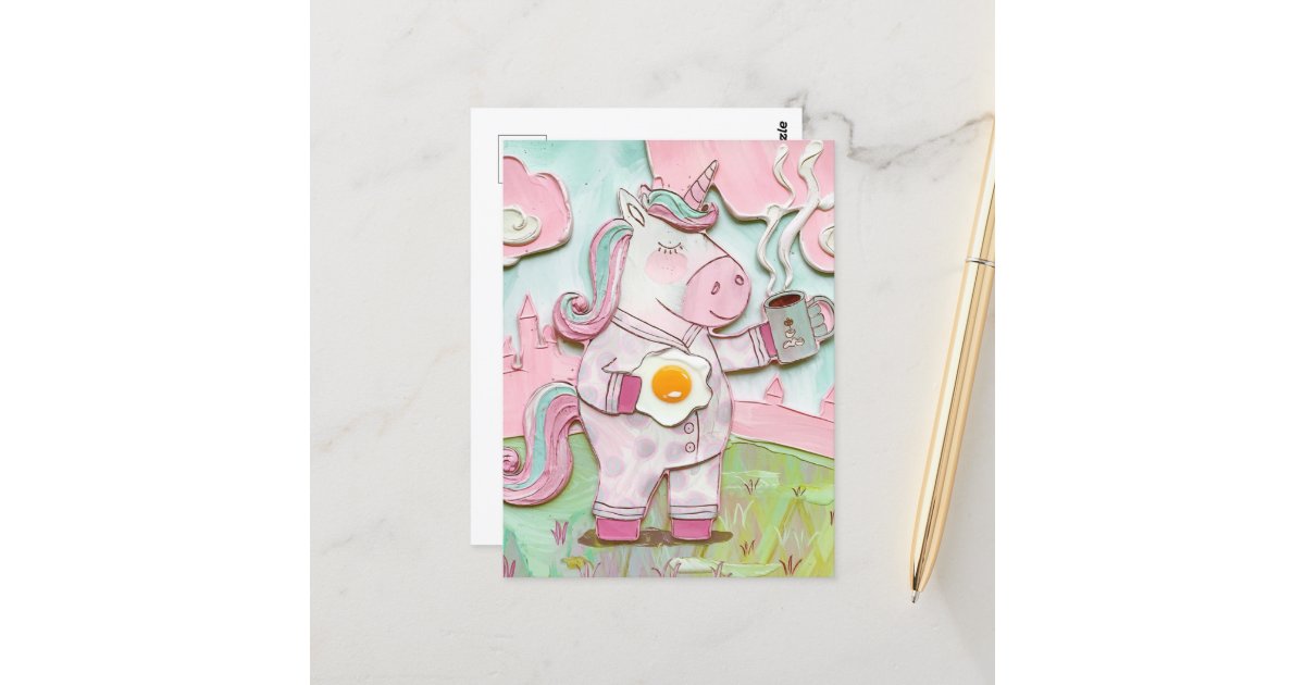 angelandspot's tweet card. An adorable pink unicorn in PJs has her morning coffee and an egg as she tries to wake up and get ready for a new day with pink clouds and a castle in the background