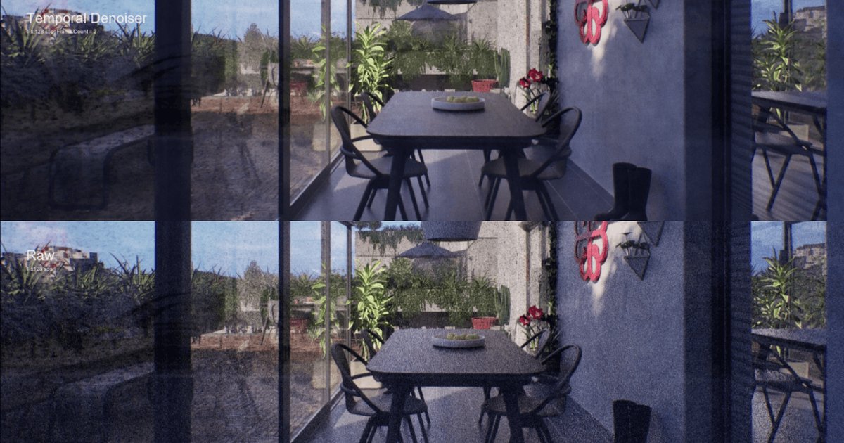 TimHobsonUE4's tweet card. A denoising engine to provide high temporal stability to offline path-traced rendering in Unreal Engine.