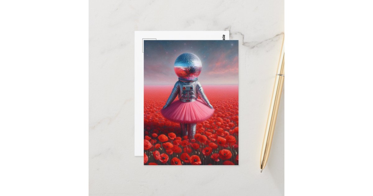 angelandspot's tweet card. AI generated A disco astronaut in a red poppy meadow wearing a pink tutu and a silver space suit