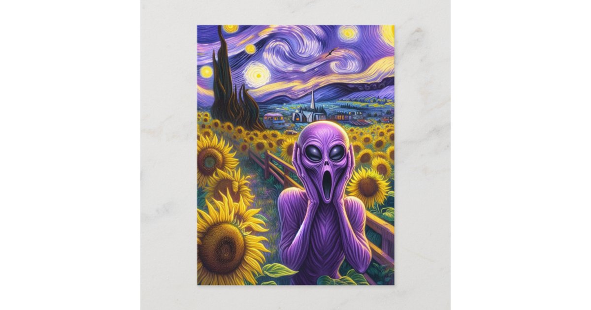 angelandspot's tweet card. A purple alien screaming in a sunflower field a faux Van Gogh painting AI generated art