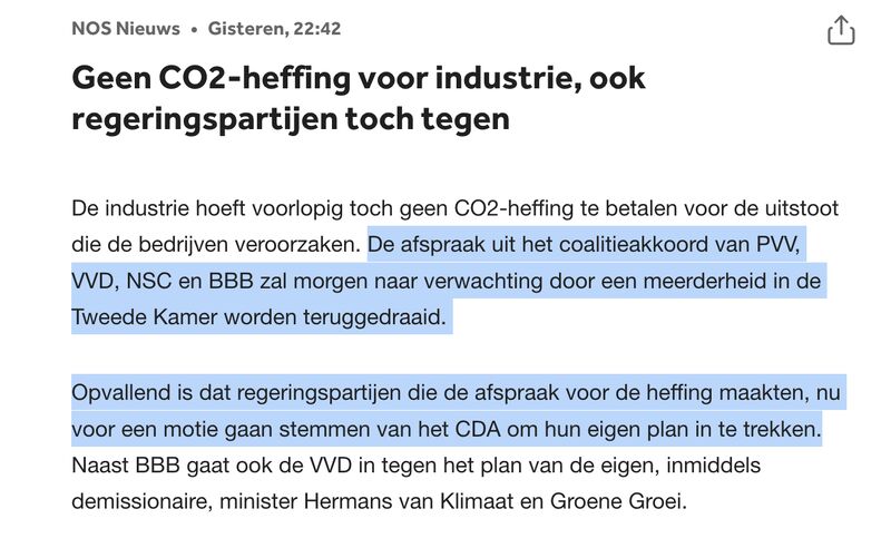 remcodb's tweet card. Nee, beste NOS, die extra CO2-heffing voor de Nederlandse industrie, bovenop het Europese ETS, is er al. En al best lang ook. Bijna vijf jaar geleden, op 12 november 2020, is de 'Wet CO2-heffing...