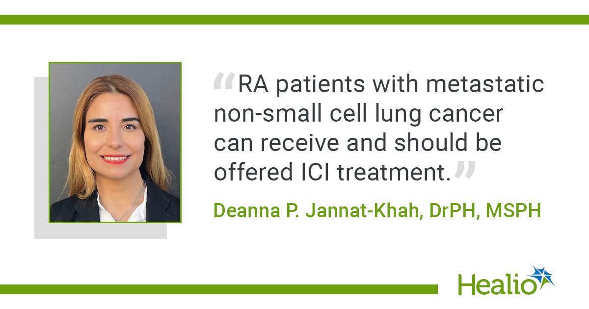 HealioRheum's tweet card. Patients with rheumatoid arthritis who undergo immune checkpoint inhibition for metastatic non-small cell lung cancer demonstrate similar overall survival as those without RA, according to data...