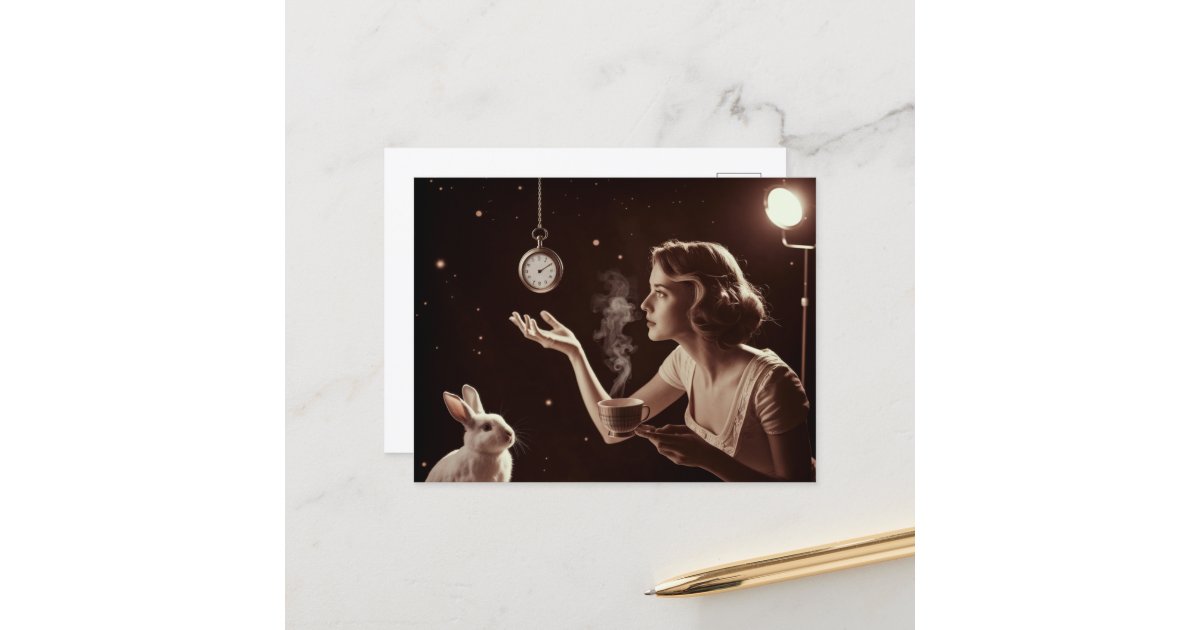 angelandspot's tweet card. A woman having tea with a bunny and a pocket watch magically floats in the air fantasy art