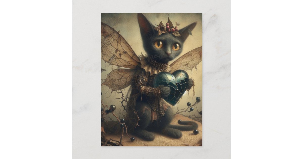 angelandspot's tweet card. A sad cat fairy holding a cracked black heart AI generated painting
