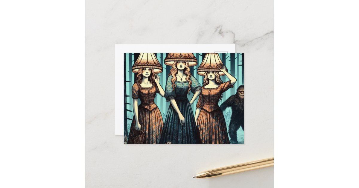 angelandspot's tweet card. Three women in the forest with lampshade hats and a Sasquatch sneaking around in the woods behind them