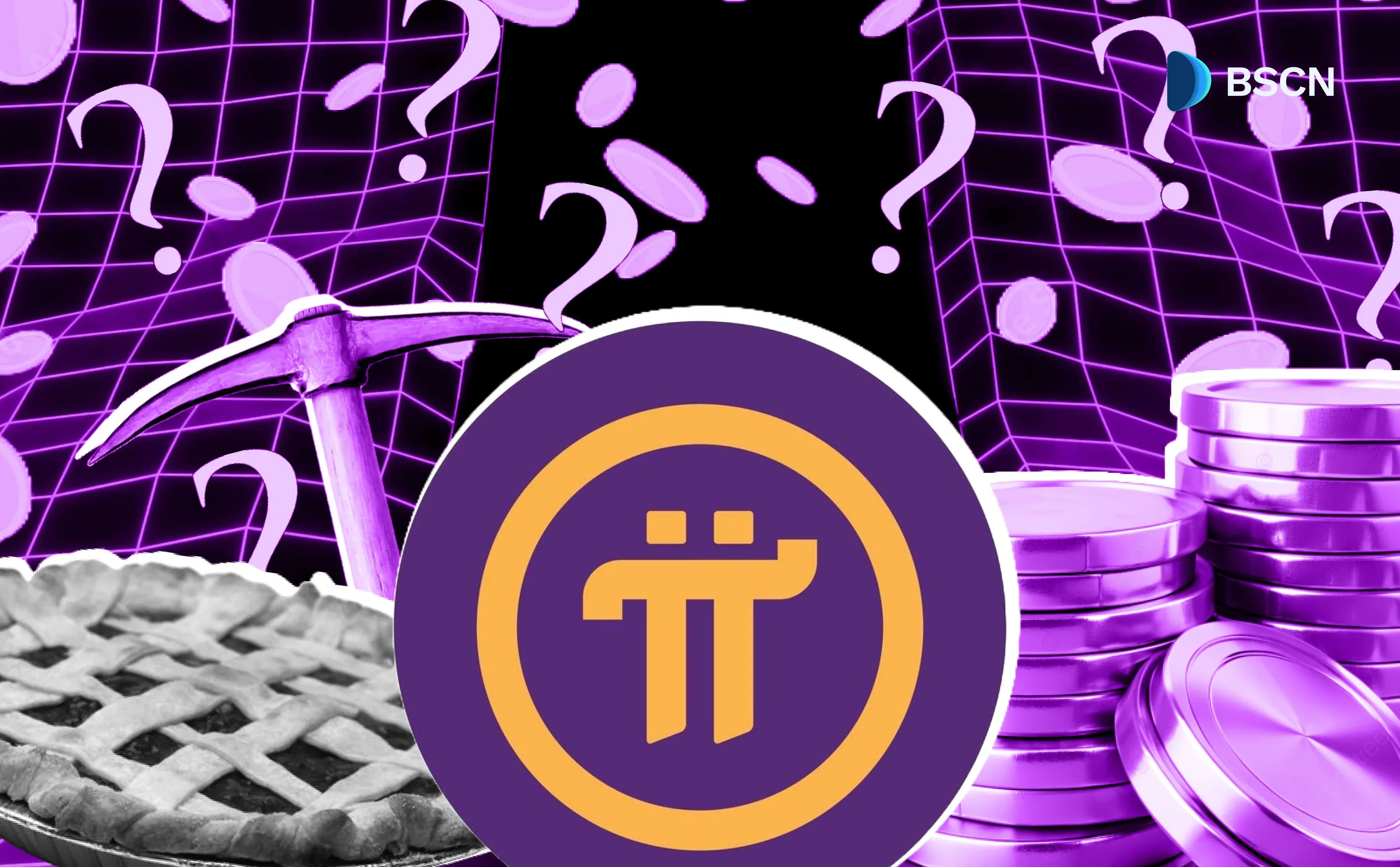 Pi Network Guide featuring a pickaxe, pie, and $PI token logo