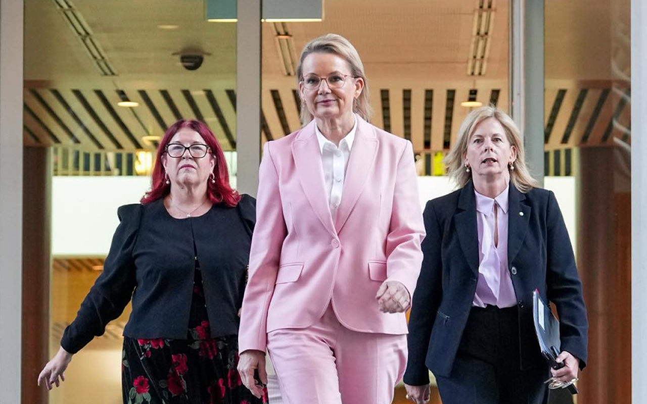 NoticerNews's tweet card. Opposition leader Sussan Ley has been slammed after posting a photo of herself walking into Parliament wearing a pink pantsuit.