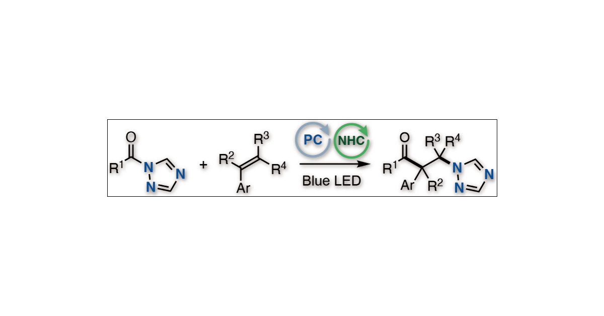 Green_Catalysis's tweet card. We have developed the N-heterocyclic carbene/organic photoredox-cocatalyzed acyl azolation of styrenes using acyl azoles. The cooperative action of organic photoredox catalysis and NHC catalysis...