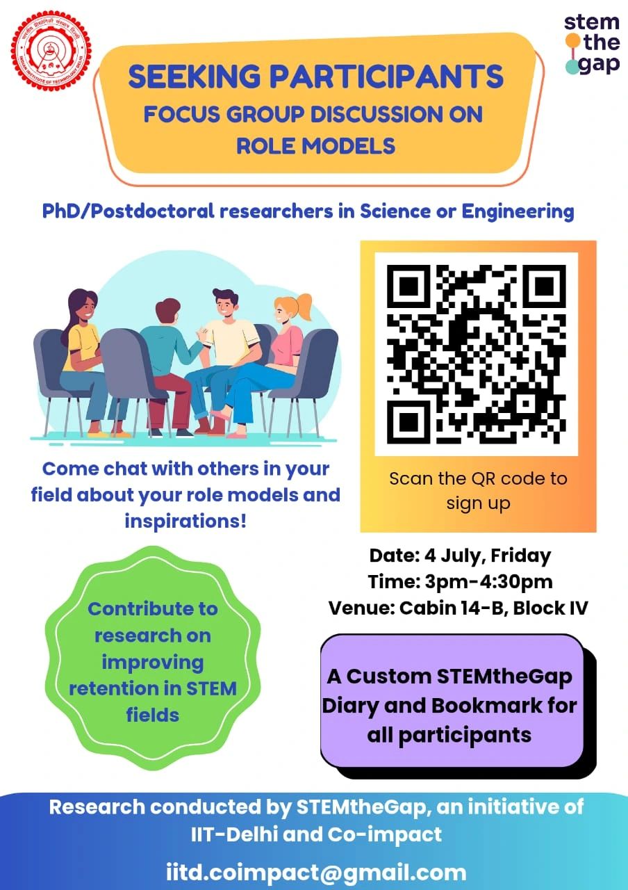 Ravinder_IITD's tweet card. Inviting PhD scholars and Postdoctoral researchers in Science and Engineering Join us for a Focus Group Discussion on your role models in STEM (Science, Technology, Engineering and Mathematics)...
