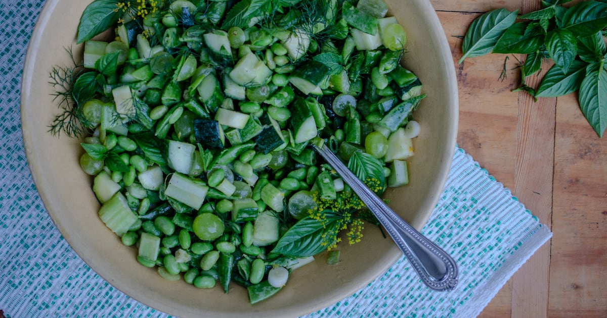 AJCDining's tweet card. This recipe for Crunch Salad uses summer produce, making it a healthy dish to bring to a potluck or cookout.