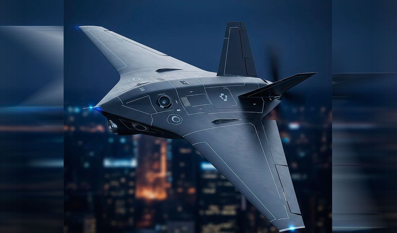 NextGen_Defense's tweet card. The drone will use RAMA, a nanotech stealth coating that absorbs radar and infrared, adapts to heat, and hides drones in GPS- and RF-denied areas.