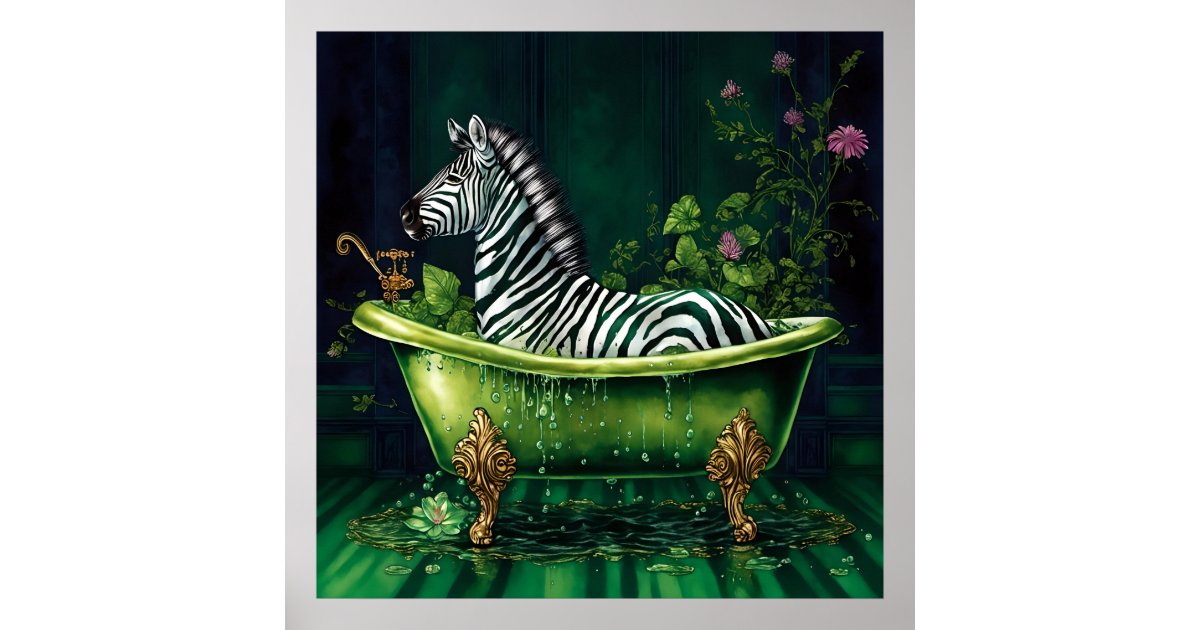 angelandspot's tweet card. AI generated art of a beautiful zebra in a clawfooted green and gold bathtub