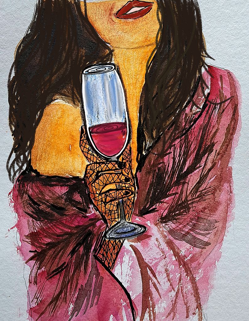 minabahari_art's tweet card. This mixed media artwork, created using watercolor and ink, portrays a woman draped in a rich, velvet-like robe in warm, expressive hues. Holding a glass o...