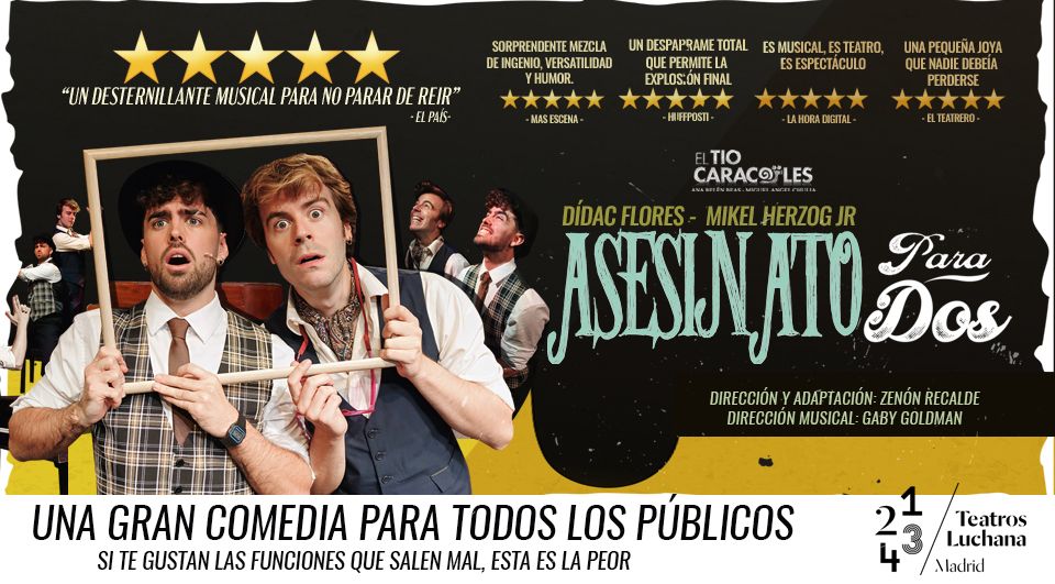 TEATROMADRID's tweet card. Descubre el misterioso y divertido musical 'Asesinato para dos' en Madrid. Una comedia llena de giros inesperados y una intrigante trama de asesinato.