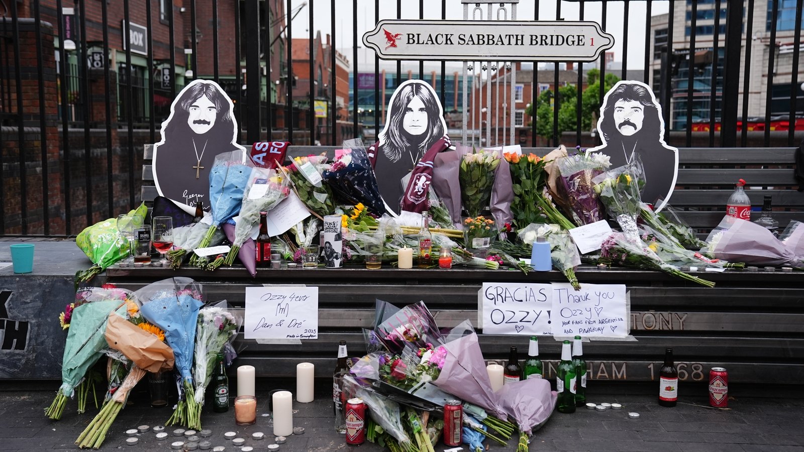 RTE_Ents's tweet card. Fans have left tributes thanking Ozzy Osbourne for "bringing Birmingham together" at the scene of a mural honouring Black Sabbath in the city.
