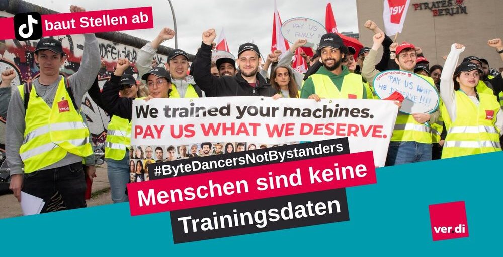 uniglobalunion's tweet card. Workers at TikTok’s Berlin headquarters strike to protest the company’s refusal to negotiate conditions of the mass firing of 150 content moderators.