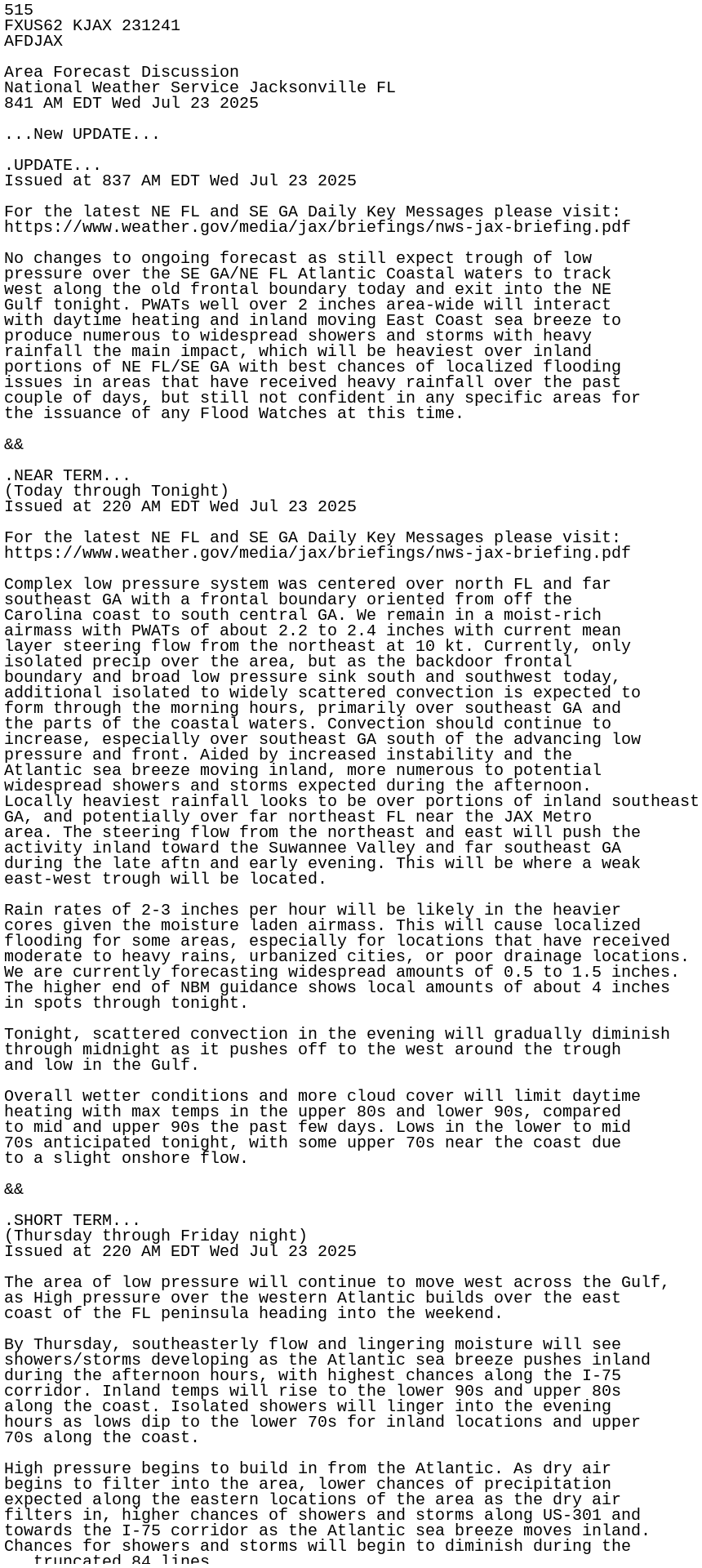 iembot_jax's tweet card. AFD issued by NWS JAX at 23 Jul 2025 12:41 UTC