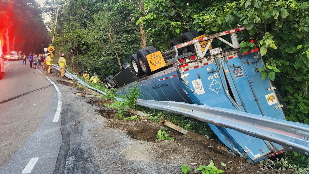 CBS21NEWS's tweet card. A tractor-trailer overturned in Berks County on Tuesday, dumping 43,000 lbs of flour down an embankment.