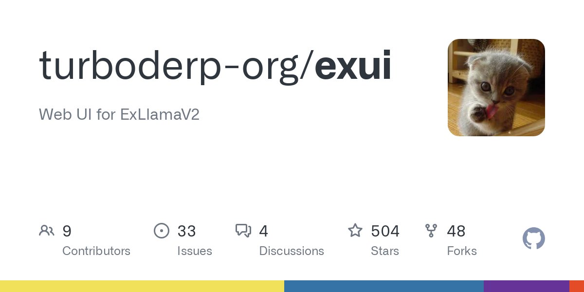 turboderp_'s tweet card. Web UI for ExLlamaV2. Contribute to turboderp-org/exui development by creating an account on GitHub.
