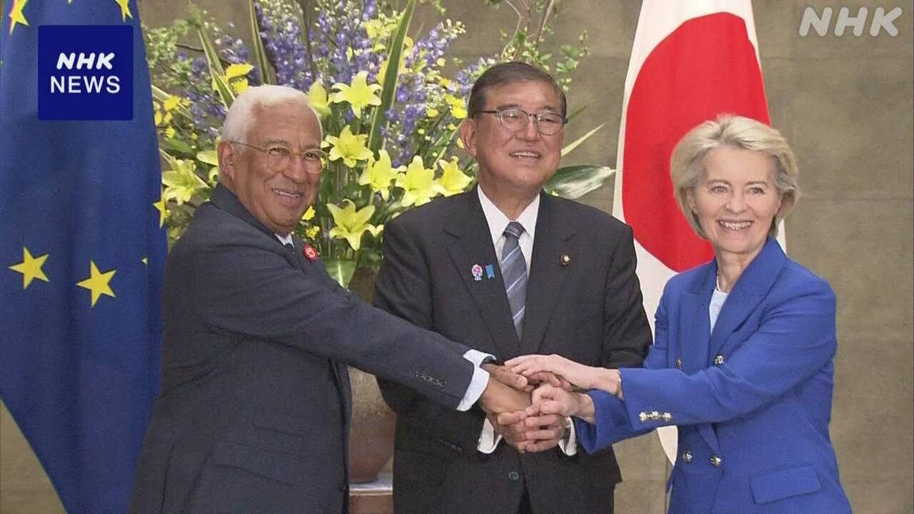 nhk_news's tweet card. 【NHK】石破総理大臣は、EU＝ヨーロッパ連合との定期首脳協議を行い、ヨーロッパとインド太平洋の安全保障は不可分になっているとして…