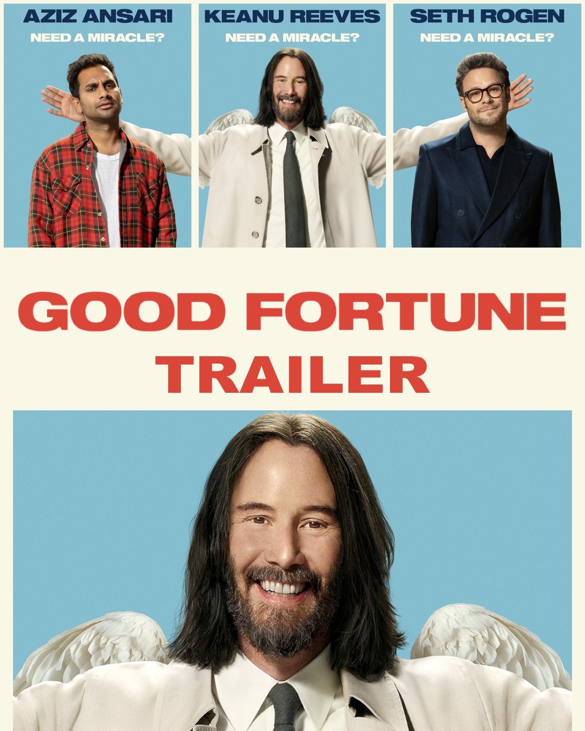 FenixNests's tweet card. Keanu Reeves is an angel with no chill in Good Fortune, Aziz Ansari’s new comedy hitting theaters October 17. Trailer and new images out now!