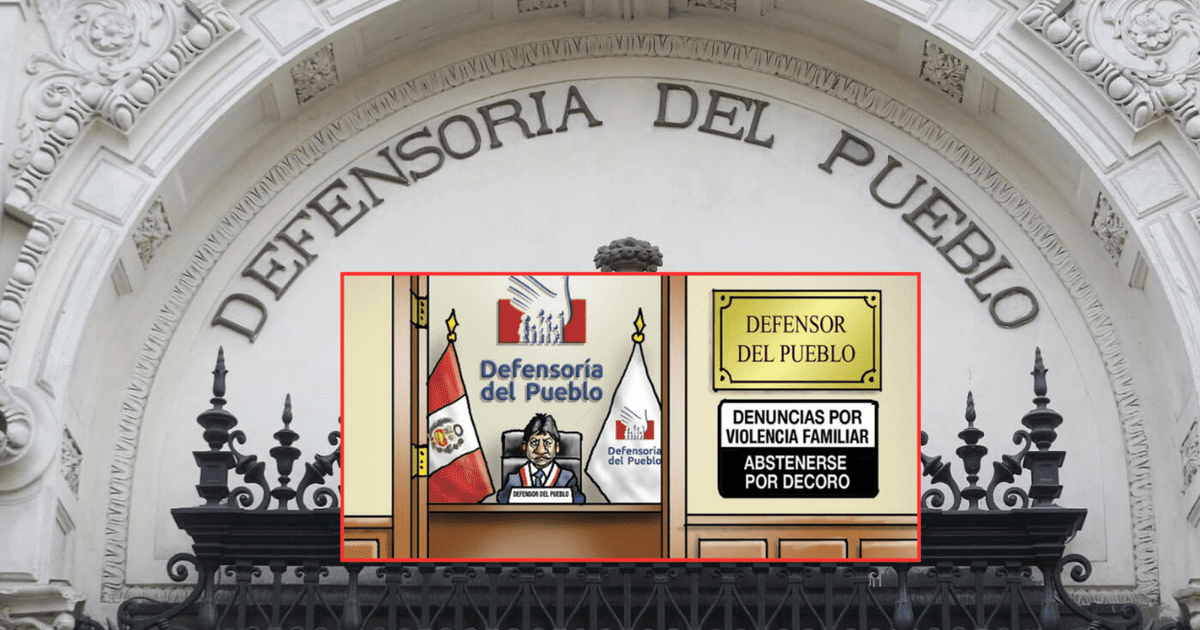 Politica_LR's tweet card. La Carlincatura de hoy revela el respaldo de la Defensoría del Pueblo a Gino Ríos, presidente de la Junta Nacional de Justicia, a pesar de su sentencia por violencia familiar.