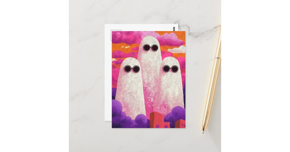 angelandspot's tweet card. A trio of ghosts in a surreal purple and pink and orange sky above a city