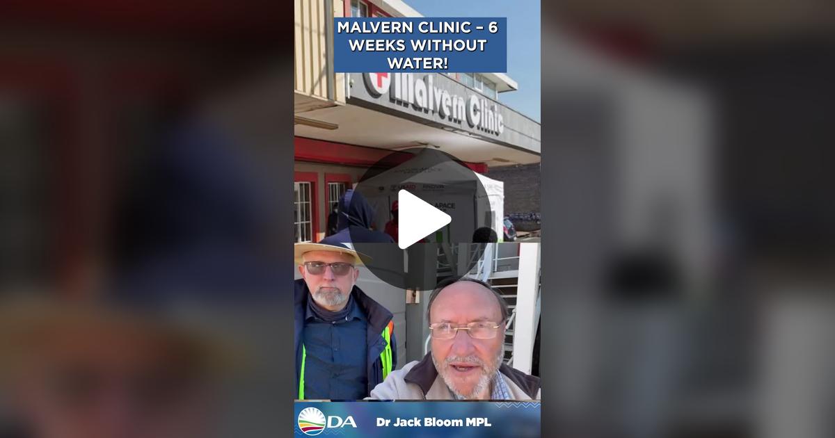 JackBloomDA's tweet card. 34 likes, 6 comments. “🚱 6 WEEKS WITHOUT WATER! Malvern Clinic serves 5,000 patients a month — but taps are dry, toilets locked, and infection risks are rising. 🎥 Jack Bloom MPL demands urgent...