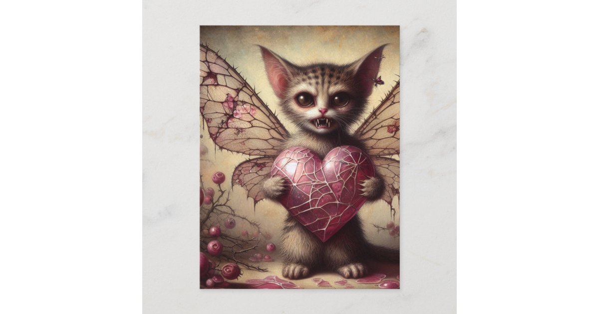 angelandspot's tweet card. A vampire cat fairy holding a pink heart AI generated painting