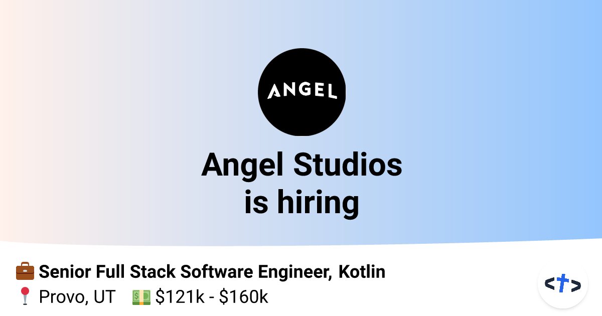 CTJ_io's tweet card. Angel Studios is hiring for a Senior Full Stack Software Engineer, Kotlin. Apply now to take the next step of your Christian software development career!
