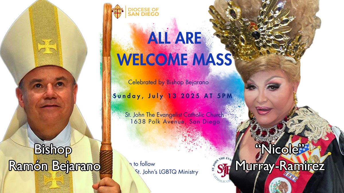 complicitclergy's tweet card. Auxiliary Bishop Ramón Bejarano recently celebrated St. John the Evangelist Church’s annual “All are Welcome” LGBT “Pride” Mass and allowed “Nicole” Murray-Ramirez, an LGBT “drag queen” activist and...