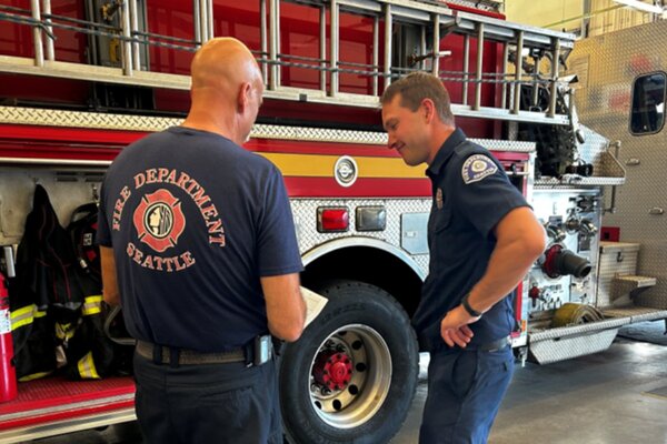 SmartCitiesW's tweet card. Seattle is making five fire stations across the city more climate resilient by converting existing fossil fuel systems to clean, all-electric alternatives