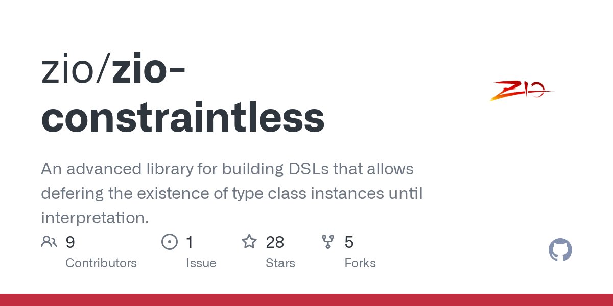 afsalt2's tweet card. An advanced library for building DSLs that allows defering the existence of type class instances until interpretation. - zio/zio-constraintless