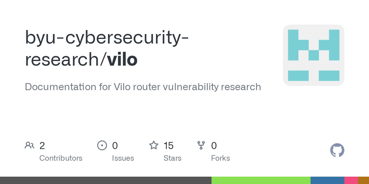 legoclones's tweet card. Documentation for Vilo router vulnerability research - byu-cybersecurity-research/vilo