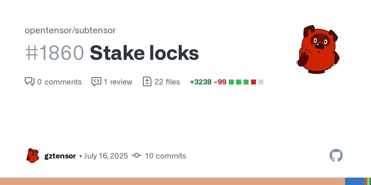 TensorEcosystem's tweet card. Description Change subnet owner based on subnet stake lock. Locks are linear with 100% being locked at the start block and 0% on the end block. Any staker can lock their stake. Approximately once p...