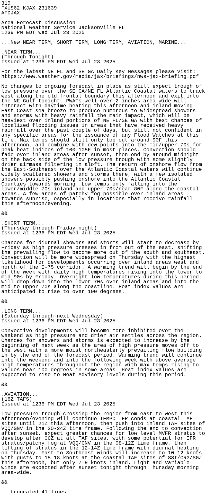 iembot_jax's tweet card. AFD issued by NWS JAX at 23 Jul 2025 16:39 UTC