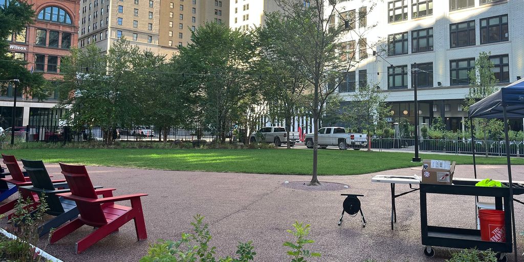crainsdetroit's tweet card. Improvements to the triangle-shaped Capitol Park include updates to the dog park, more trees and improved stormwater management.
