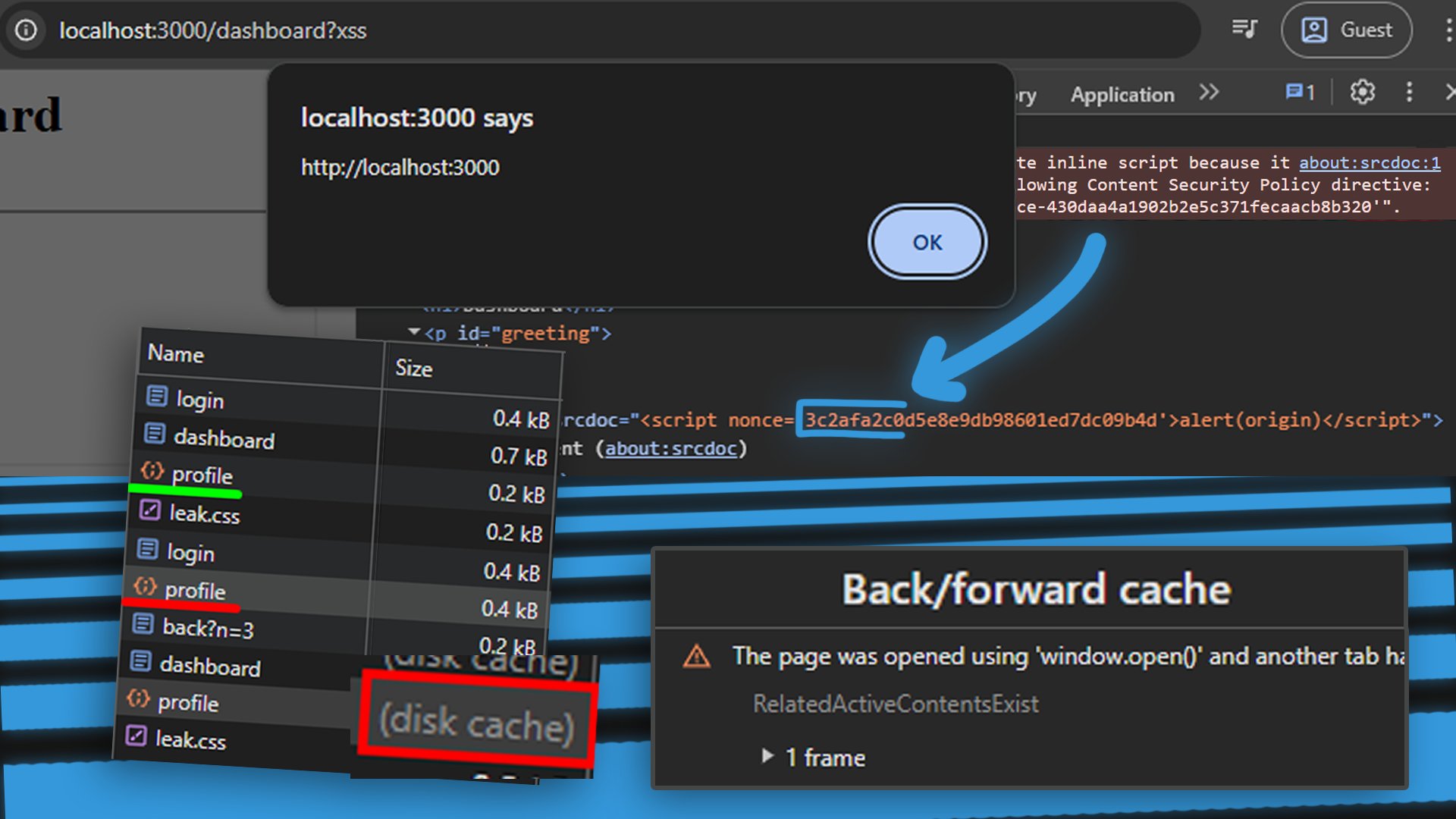 XssPayloads's tweet card. The solution to my small XSS challenge, explaining a new kind of CSP bypass with browser-cached nonces. Leak it with CSS and learn about Disk Cache to safely update your payload