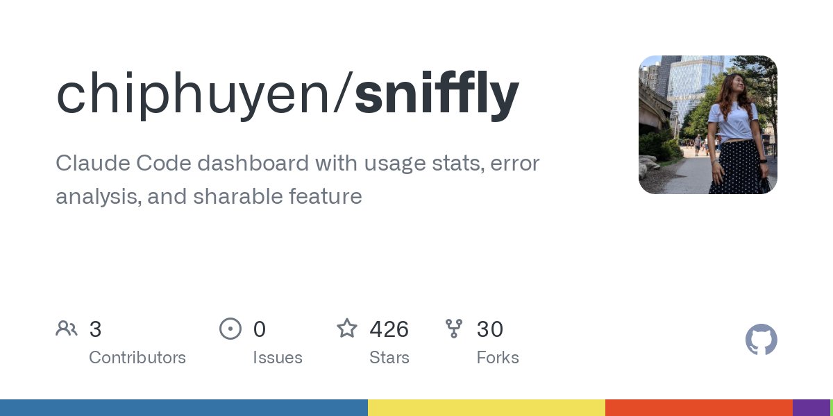getpy's tweet card. Claude Code dashboard with usage stats, error analysis, and sharable feature - chiphuyen/sniffly