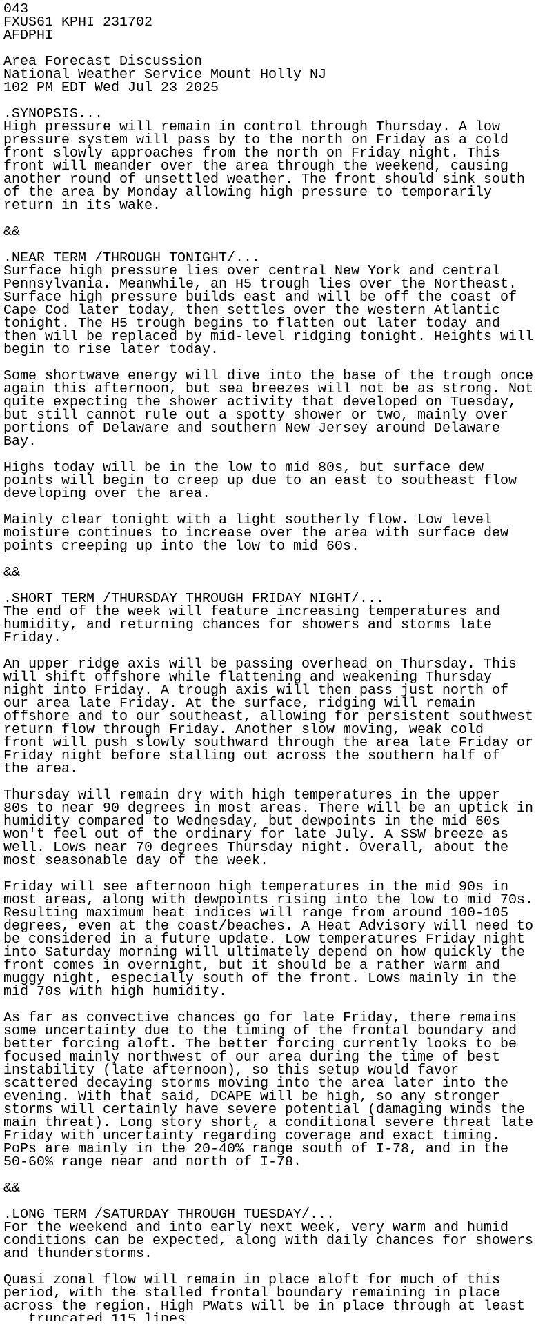 iembot_phi's tweet card. AFD issued by NWS PHI at 23 Jul 2025 17:02 UTC