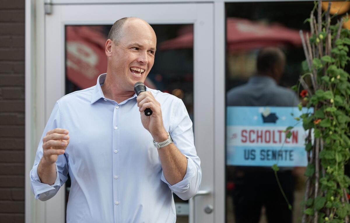 tjbarton83's tweet card. Iowa state Rep. J.D. Scholten, a Democrat running for U.S. Senate, described himself as a "baseball-playing, monopoly-busting, beer-drinking, Bible-reading, working-class proud prairie populist from...