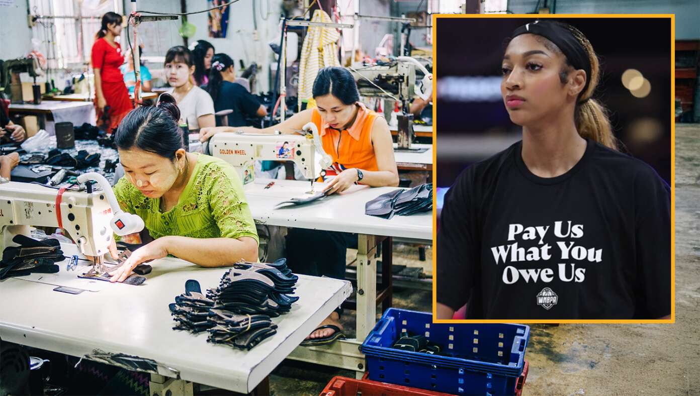 MucksVP's tweet card. XINJIANG, CHINA — Ahead of warm-ups for the 2025 WNBA All-Star Game, Uyghur slaves were seen dutifully sewing the words "Pay Us What You Owe Us" onto hundreds of shirts.