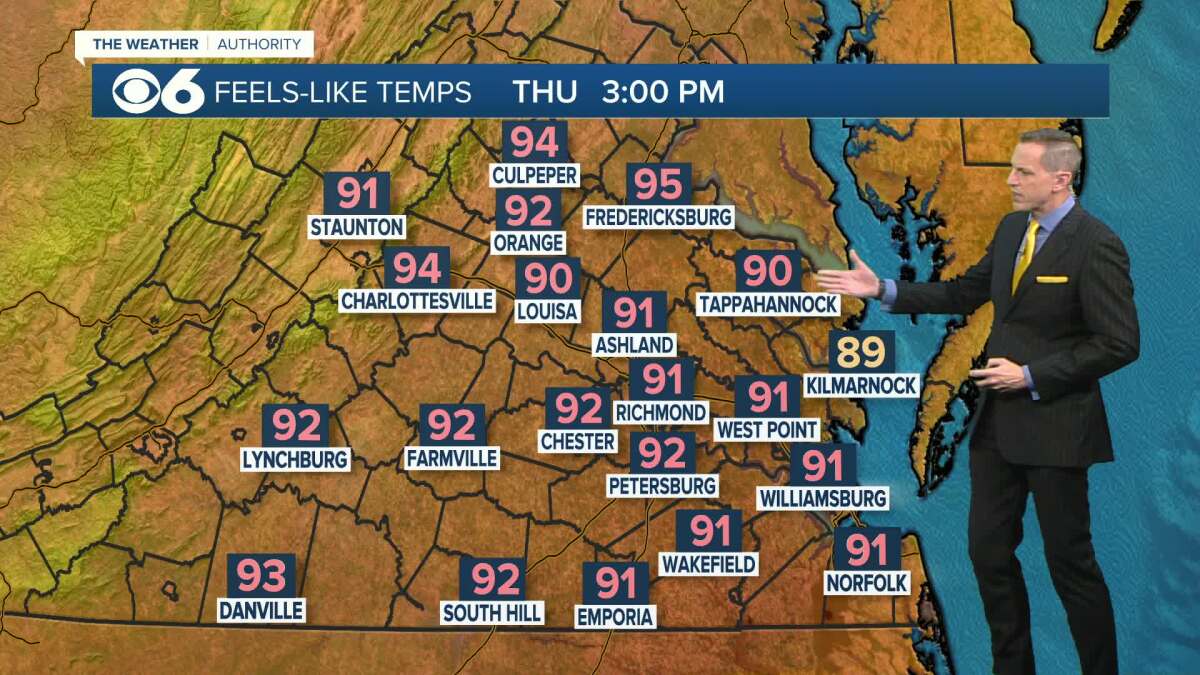 CBS6's tweet card. It will turn more muggy the next few days as highs jump back into the 90s. The heat index Friday could break 105.
