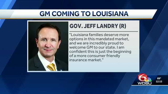 wdsu's tweet card. Gov. Jeff Landry announced that General Motors Insurance is setting up operations in Louisiana.