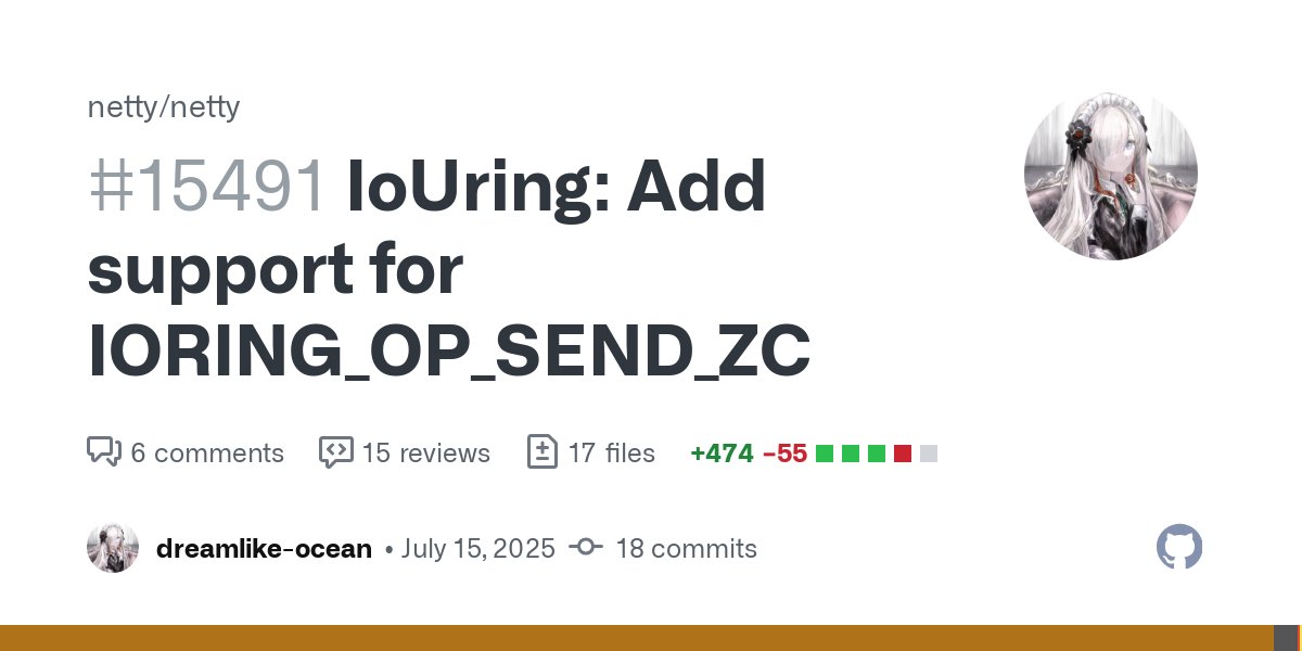 normanmaurer's tweet card. Motivation: Support for IORING_OP_SEND_ZC ops。 man-page :https://www.man7.org/linux//man-pages/man2/io_uring_enter.2.html performance issue: axboe/liburing#801 Modification: Provide the IoUringCha...