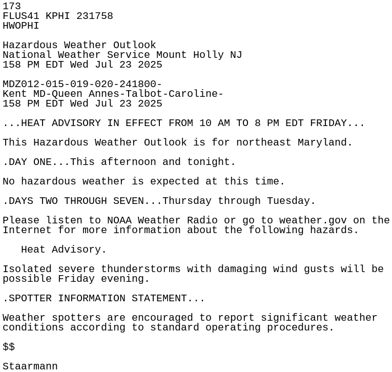 iembot_phi's tweet card. HWO issued by NWS PHI at 23 Jul 2025 17:58 UTC