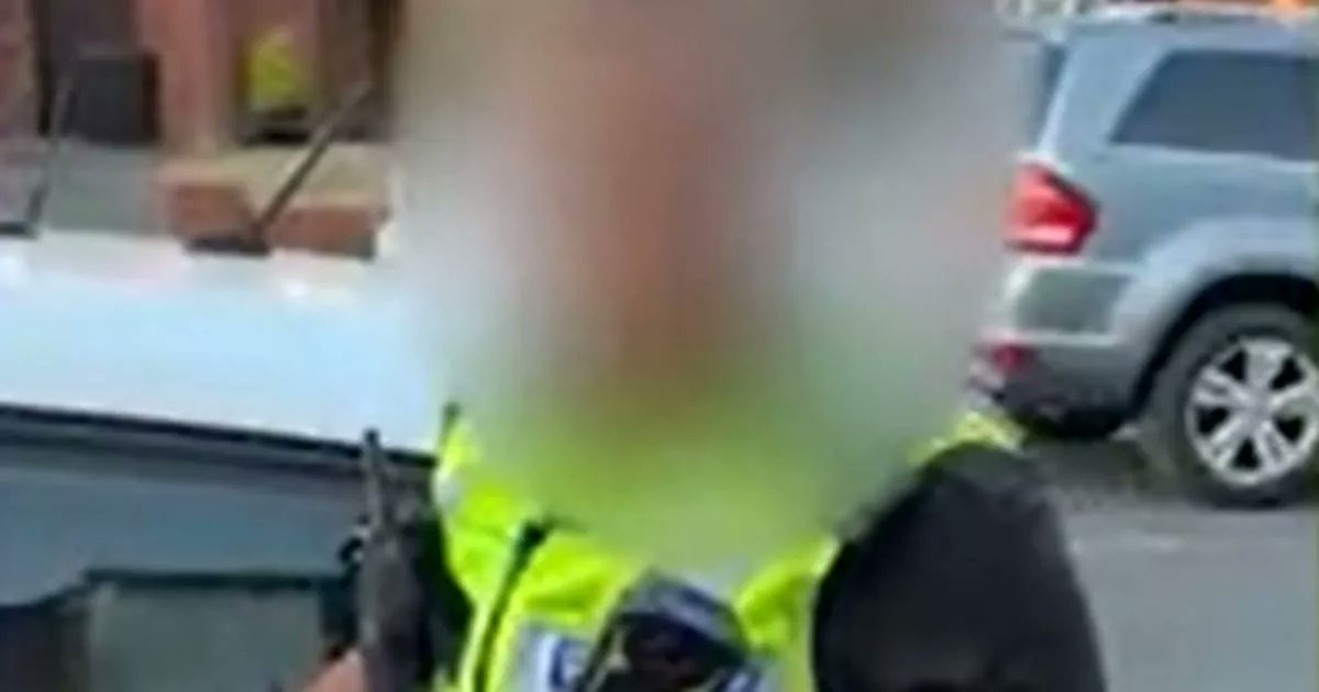 IainGould's tweet card. Officer in full uniform tells camera food is 'so good' and asks man in back of marked patrol car 'what are you putting in it?'