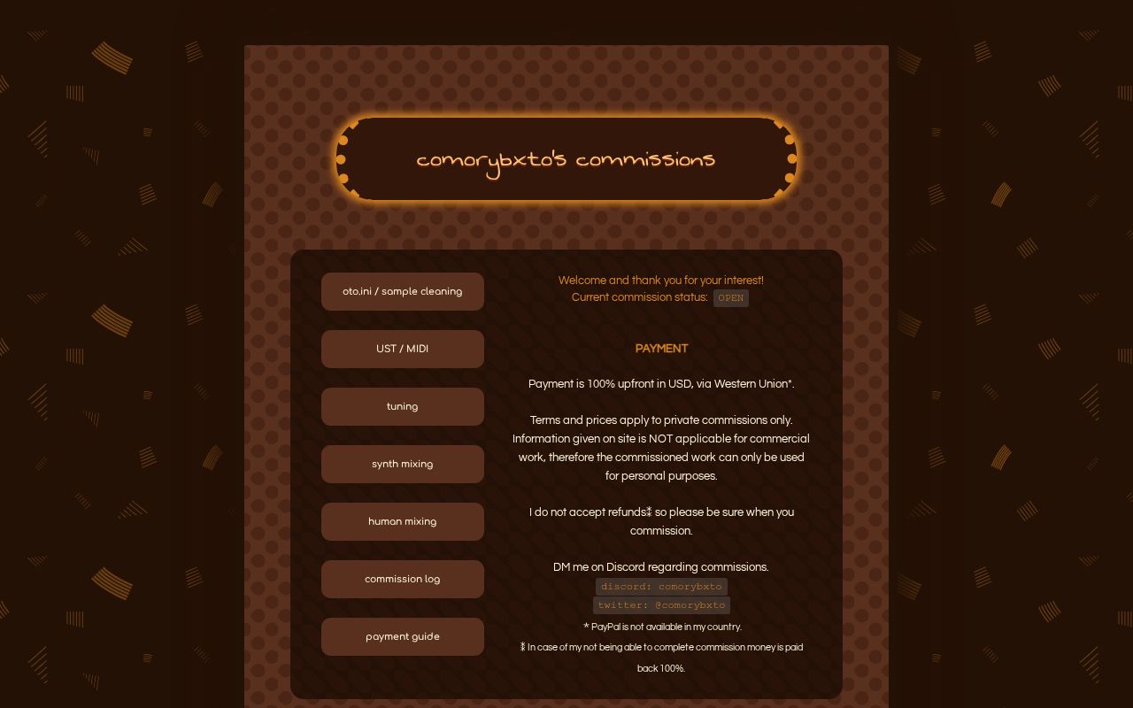 comorybxto's tweet card. commission information
